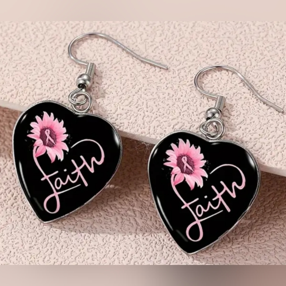 Black & Pink Church Breast Cancer Awareness Heart crystal Glass Earrings Gift